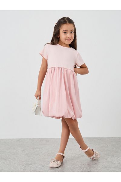 Styli Solid Round Neck Balloon Hem Knee-Length Dress