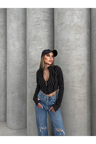 RockMore Striped Ottoman Fabric Finger Snap Zipper Crop