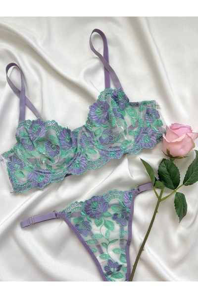 kiari Σετ εσωρούχων με πράσινο λιλά μοτίβο λουλουδιών χωρίς καπάκι με επένδυση από εσώρουχα με κορδόνια
