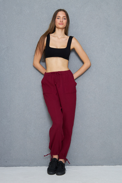 ESPOİRPLUS Women's Burgundy Color Italy Model Pocket Detailed Four Seasons Wearable Muslin Fabric Espp-39