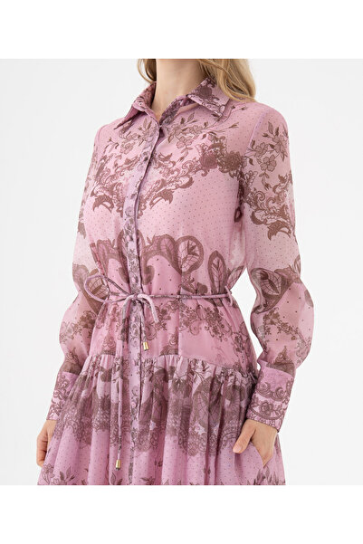 SERPİL Desen Bloklu Gömlek Yaka Kuşaklı Uzun Elbise