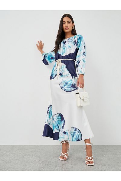 Styli Printed Balloon Sleeves Mermaid Hem Maxi Dress