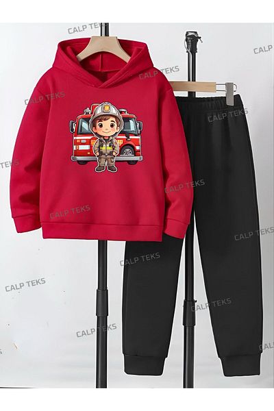 CALP TEKS Firefighter Children's Printed Thick Cotton Hooded Children's Set