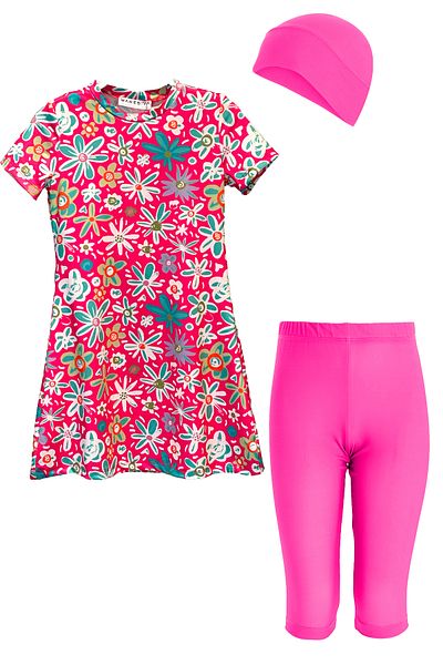 MARESİVA Girls Short Sleeve Lycra Semi-Covered Swimsuit with Tights 2904 Pink
