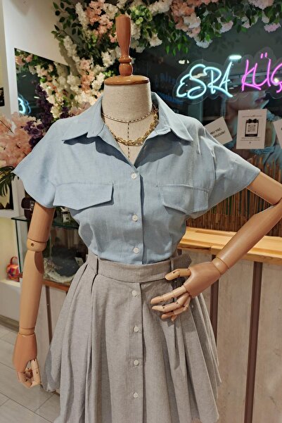 Eswomes Kontrast Renklı Gömlek Elbise bebe mavi