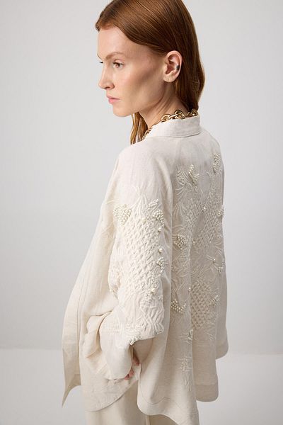 Touché Privé Oversize Kimono with Pearl Details and Linen Texture
