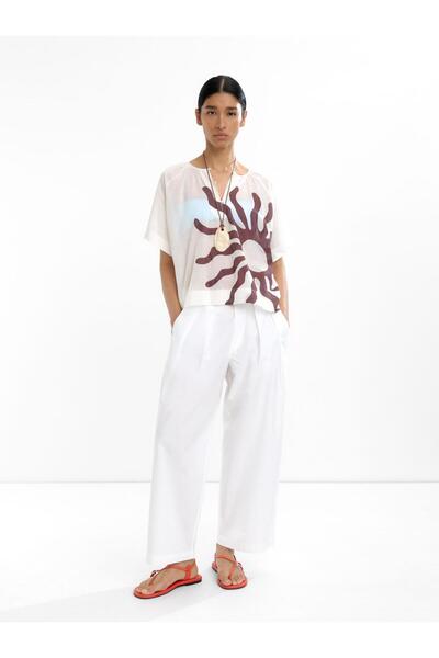 PARFOIS Palmiye Desenli %100 Pamuk Bluz