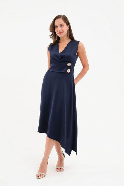 Lafaba Women's Navy Blue Belt Detail Satin Midi Dress