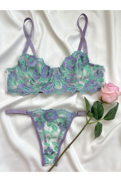 kiari Σετ εσωρούχων με πράσινο λιλά μοτίβο λουλουδιών χωρίς καπάκι με επένδυση από εσώρουχα με κορδόνια