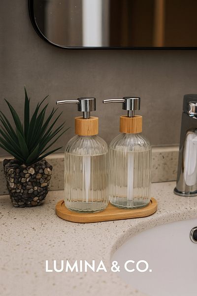 LUMİNA Set of 2 Glass Liquid Soap Dispensers with Bamboo Stand – Decorative Elegance for Kitchen & Bathroom Use