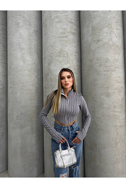 RockMore Striped Ottoman Fabric Finger Snap Zipper Crop