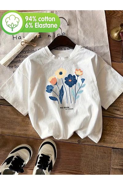 vikitekno Oversize No Rain No Flower Floral Printed Design Women's T-Shirt