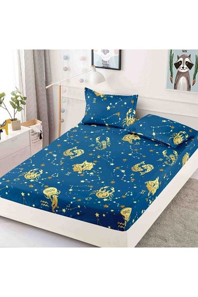 JOJO HOME Husa de pat dublu, cu elastic, Jojo Home, Finet, 3 piese, 2 persoane, 180x200cm, Imprimeu Zodii, Ble
