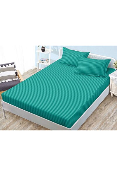 OEM Fitted sheet with protective elastic and 2 pillowcases, Sonia-Home, Damask, Plain, 160x200 cm, Turquoise