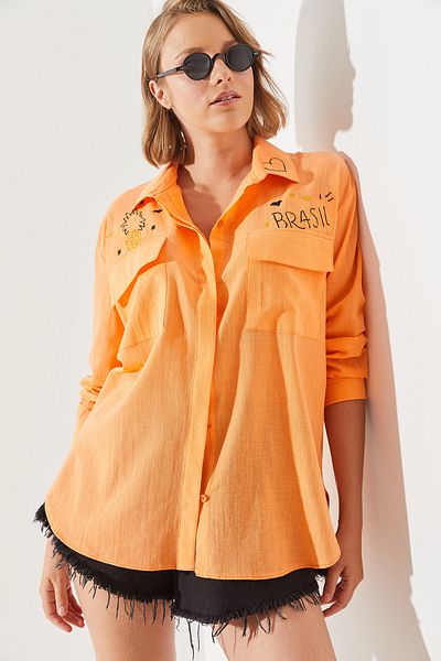 Bianco Lucci Women's Double Pocket Embroidery Embroidered Linen Basic Shirt 60251752