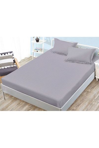 OEM Husa de pat si 2 fete de perna, cu elastic, Sonia-Home, Damasc, 2 persoane, Uni, 180x200cm, Gri Cenu