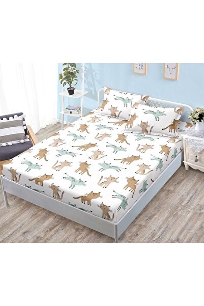 OEM Husa de Pat, cu Elastic, 3 Piese, Bumbac Satinat, 180x200cm, Imprimeu Pisicute, Multicolor