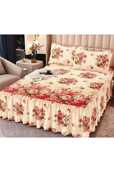 OEM Double Bed Sheet with Ruffles, Bouquet of Roses, 3 Pieces, Finet, 160x200cm, Multicolor