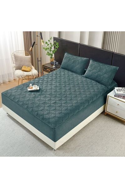 OEM Bed Cover and 2 Pillowcases, Quilted Velvet Topper, 160x200cm, Dark Green