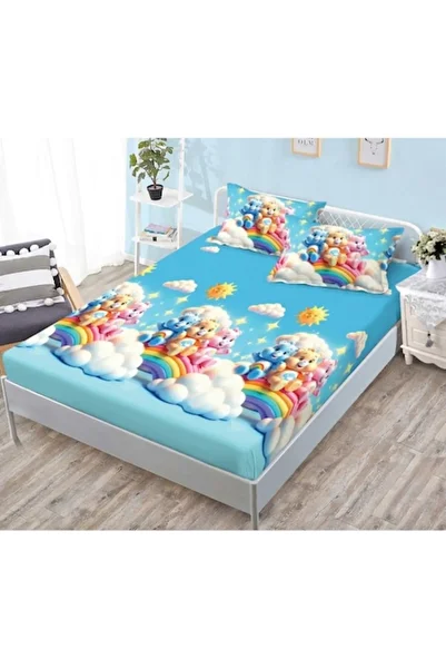 OEM Husa de Pat, cu Elastic, 3 Piese, Finet, 180x200cm, Imprimeu Ursuleti Curcubeu, Multicolor