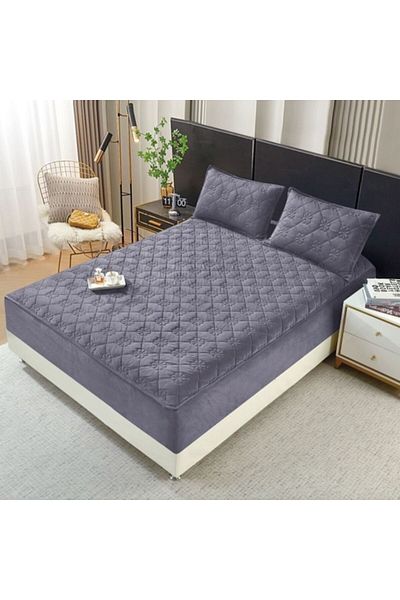 OEM Husa de pat si 2 fete de perna, Topper Matlasat, Catifea, 160x200cm, Gri Albastrui