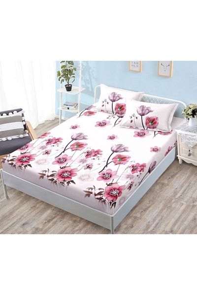 OEM Husa de Pat, cu Elastic, 3 Piese, Bumbac Satinat, 180x200cm, Imprimeu Floral, Multicolor