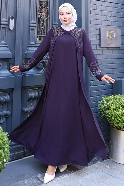 hafsamina Plus Size Mother Dress with Beads and Stones Plum Hm2769