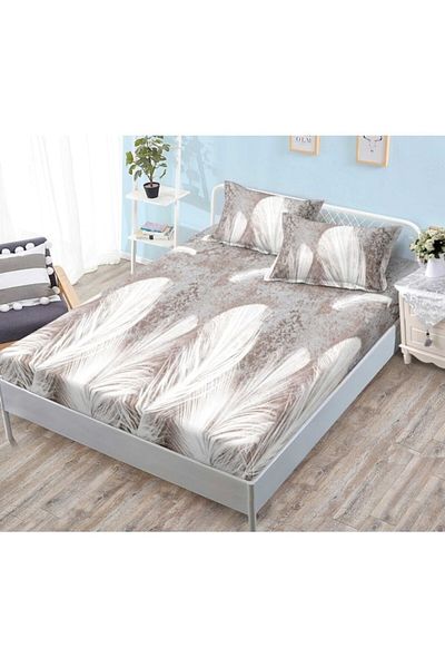 OEM Husa de Pat, cu Elastic, 3 Piese, Finet, 180x200cm, Imprimeu Pene, Gri-Alb