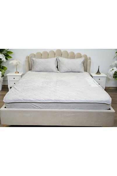 OEM Husa de pat si 2 fete de perna, Catifea, Topper Matlasat 180x200 cm, gri deschis