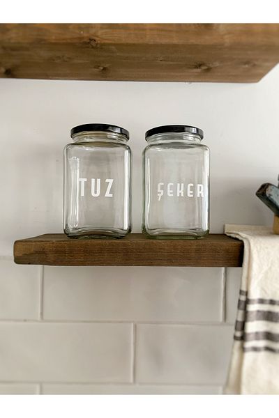 Atölye Merdiven Set of 2 Glass Food Jars with Salt and Sugar Written Kitchen Decoration 1000 Cc