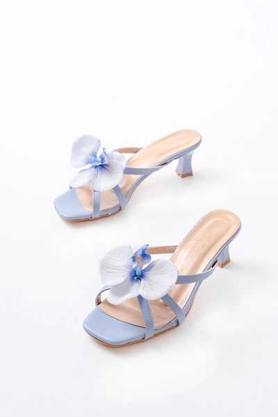 TB Terzi Bey S-622 Baby Blue Orchid Detailed Thin Heeled Women's Slippers