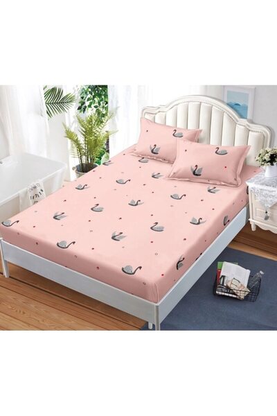 OEM Bed Sheet Set with Elastic, 3 Pieces, Satin Cotton, 180x200cm, Swan Print, Multicolor