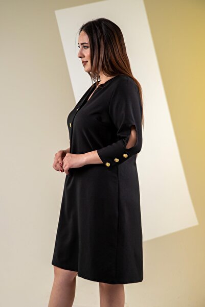 Roxxlen 3330450 Γυναικείο 3330450 Φόρεμα με λεπτομέρεια στο μανίκι σε μεγάλο μέγεθος Μαύρο