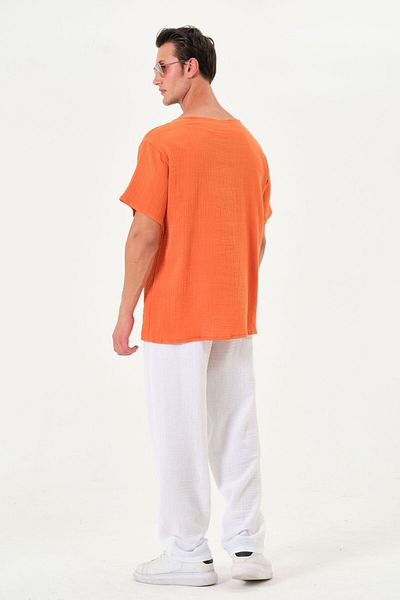 RELAXL 100% Cotton Dirty Stitching V-Neck Tril Tril Muslin Fabric Orange Loose T-Shirt