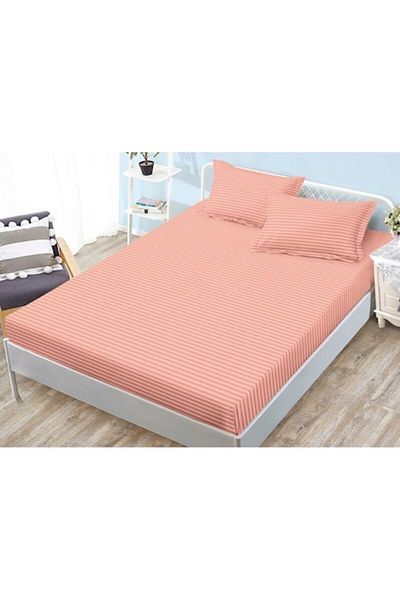 OEM Husa de pat si 2 fete de perna, cu elastic, Sonia-Home, Damasc, 2 persoane, Uni, 180x200cm, Corai