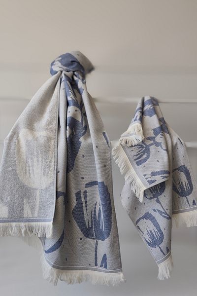Sevim 100% Cotton Fringed Jacquard Tulip Patterned Peshtemal and Peskir Set-Indigo