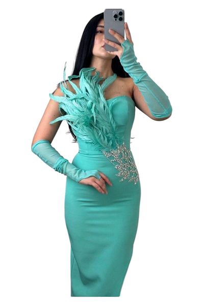 LOST CITIY Rochie turcoaz cu pene