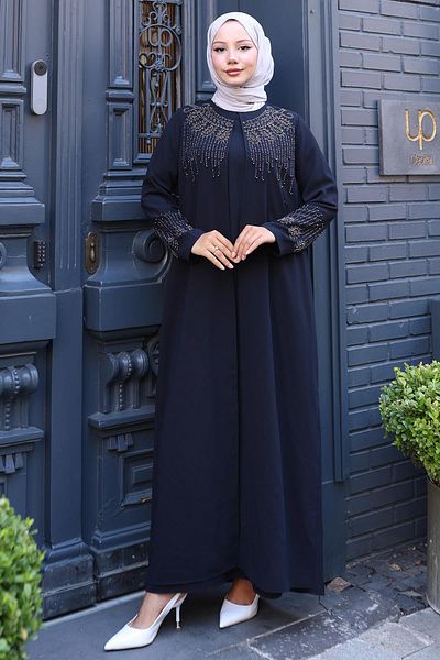 hafsamina Μεγάλο μέγεθος Mother's Dress με χάντρες και πέτρες Navy Blue HM2769