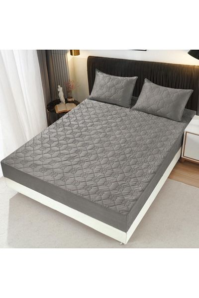 OEM Bed Sheet Cover and 2 Pillowcases, Quilted Velvet, 180x200cm, Dark Grey