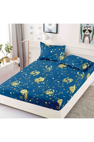 JOJO HOME Husa de pat dublu, cu elastic, Jojo Home, Finet, 3 piese, 2 persoane, 180x200cm, Imprimeu Zodii, Ble