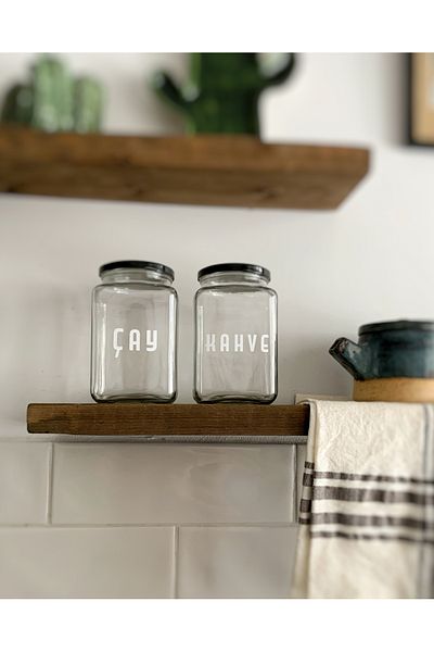 Atölye Merdiven Set of 2 Glass Food Jars with Tea and Coffee Written Kitchen Decoration 1000 Cc