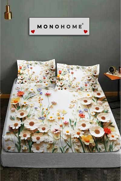 MonoHome 100% Cotton Fitted Sheet Special Design 5D Digital 60 Wire White
