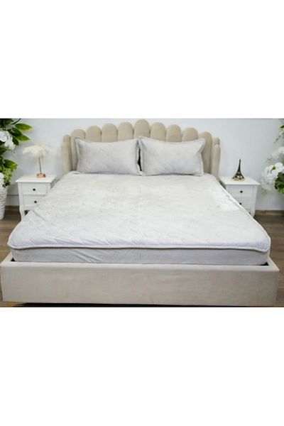 OEM Husa de pat si 2 fete de perna, Catifea, Topper Matlasat 180x200 cm, gri deschis
