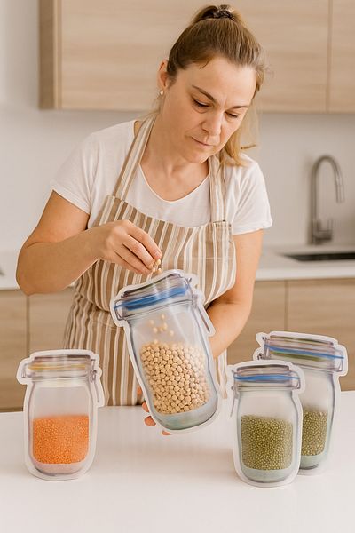 FDF STORE Jar-Looking Ziplock Food Storage Bag with Clip Lid 3 Pcs 1000 ml Large Size