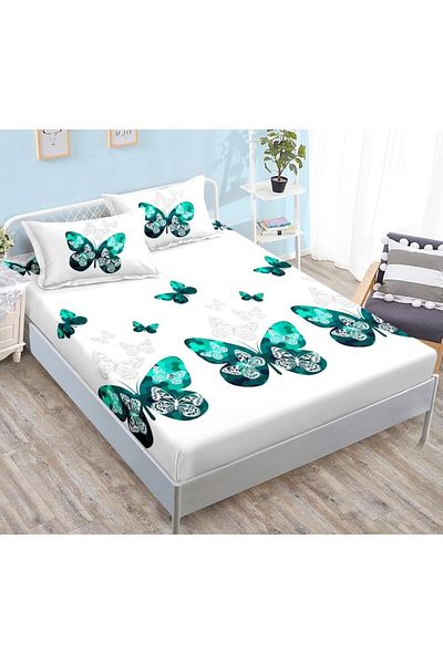 OEM Double Bed Sheet and Pillowcases, Fine, Butterfly Turquoise Print, 180x200cm, 3 Pieces, Multicolor