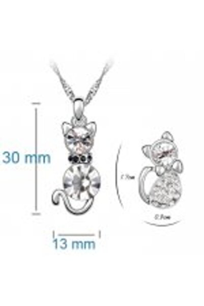Kelan Set silver for women – necklace, pendant and earrings cat model with White Crystal