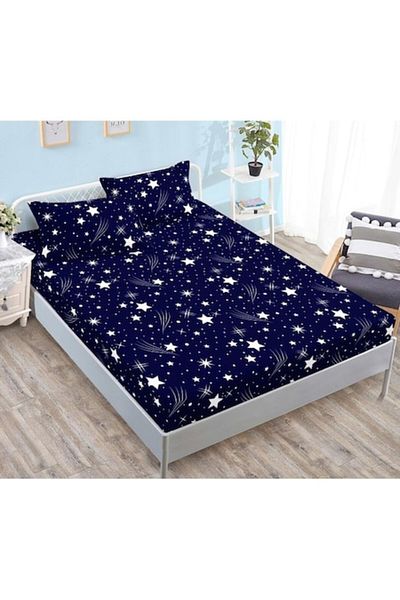 OEM Double Bed Sheet and Pillowcases, Finet, Star Pattern, 180x200cm, 3 Pieces, 2 Persons, Navy Blue-Whi