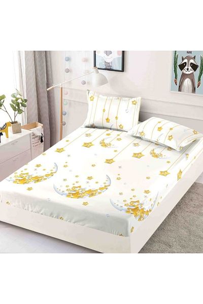 JOJO HOME Double Bed Sheet with Elastic, Jojo Home, Finet, 3 Pieces, 2 People, 180x200cm, Star Print, White-Ye