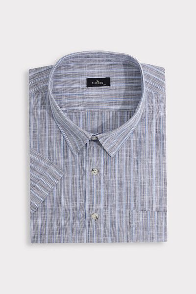 Tudors Men's Big Size Large Size 100% Cotton Lapel Buttoned Linen Texture Single Pocket Striped Short Sleeve Navy Blue