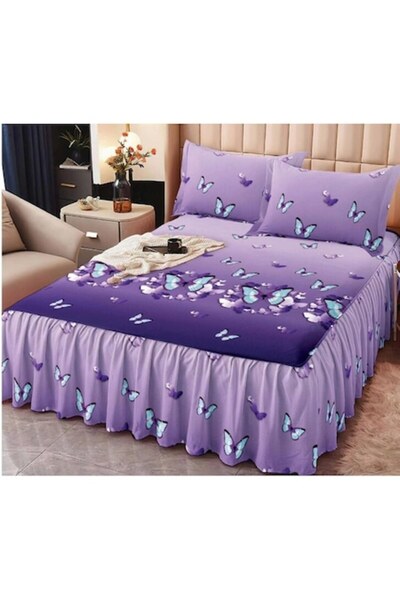 OEM Set de cearșafuri pentru pat dublu cu volane, fluturi, 3 piese, material ...